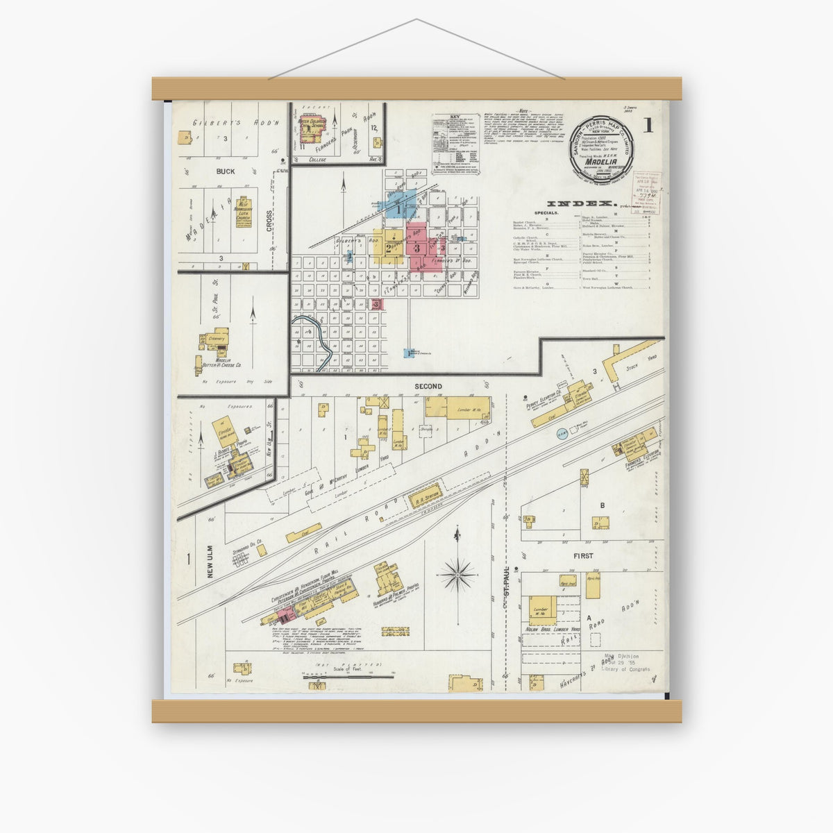 Old map wall art mockup — magnetic wood frame on white wall — Sanborn Fire Insurance Map from Madelia, Watonwan County, Minnesota (1900) - Complete Map Set