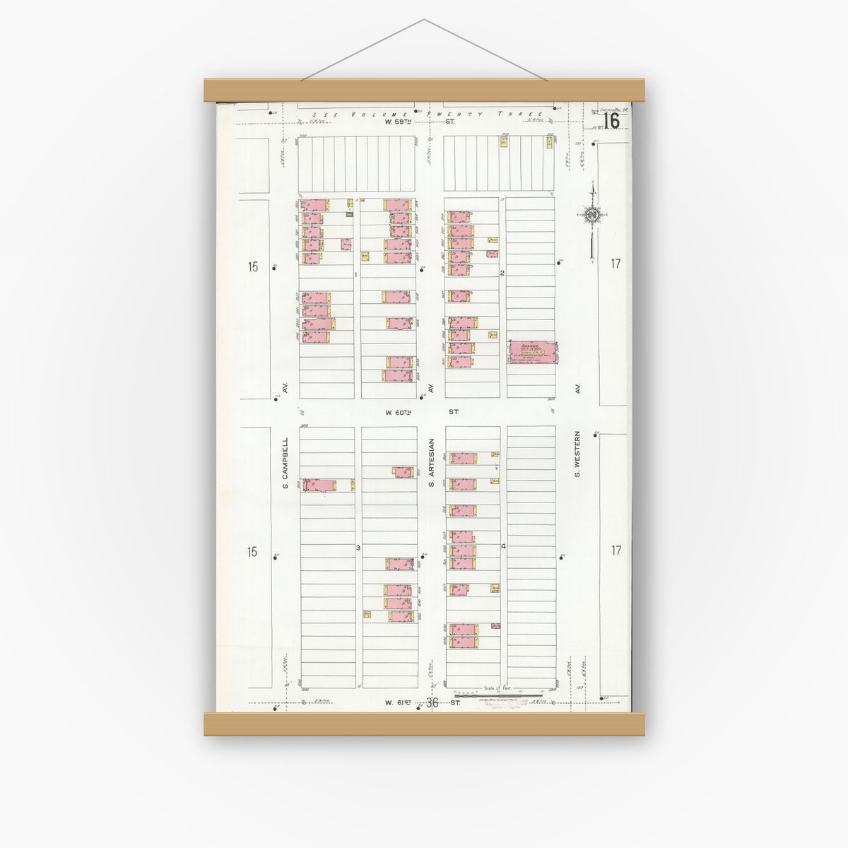 Old map wall art mockup — magnetic wood frame on white wall — Sanborn Fire Insurance Map from Chicago, Cook County, Illinois (1920), Sheet #0016