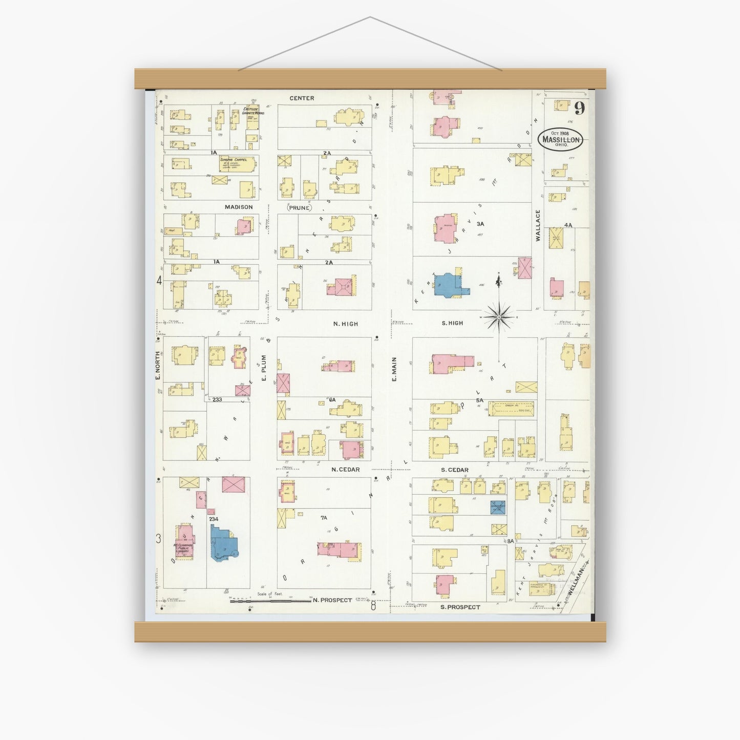 Old map wall art mockup — magnetic wood frame on white wall — Sanborn Fire Insurance Map from Massillon, Stark County, Ohio (1908), Sheet #0009