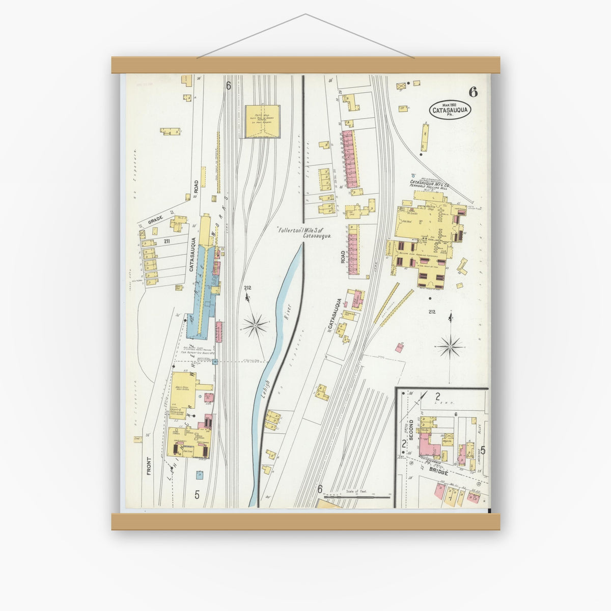 Old map wall art mockup — magnetic wood frame on white wall — Sanborn Fire Insurance Map from Catasauqua, Lehigh County, Pennsylvania (1902), Sheet #0006