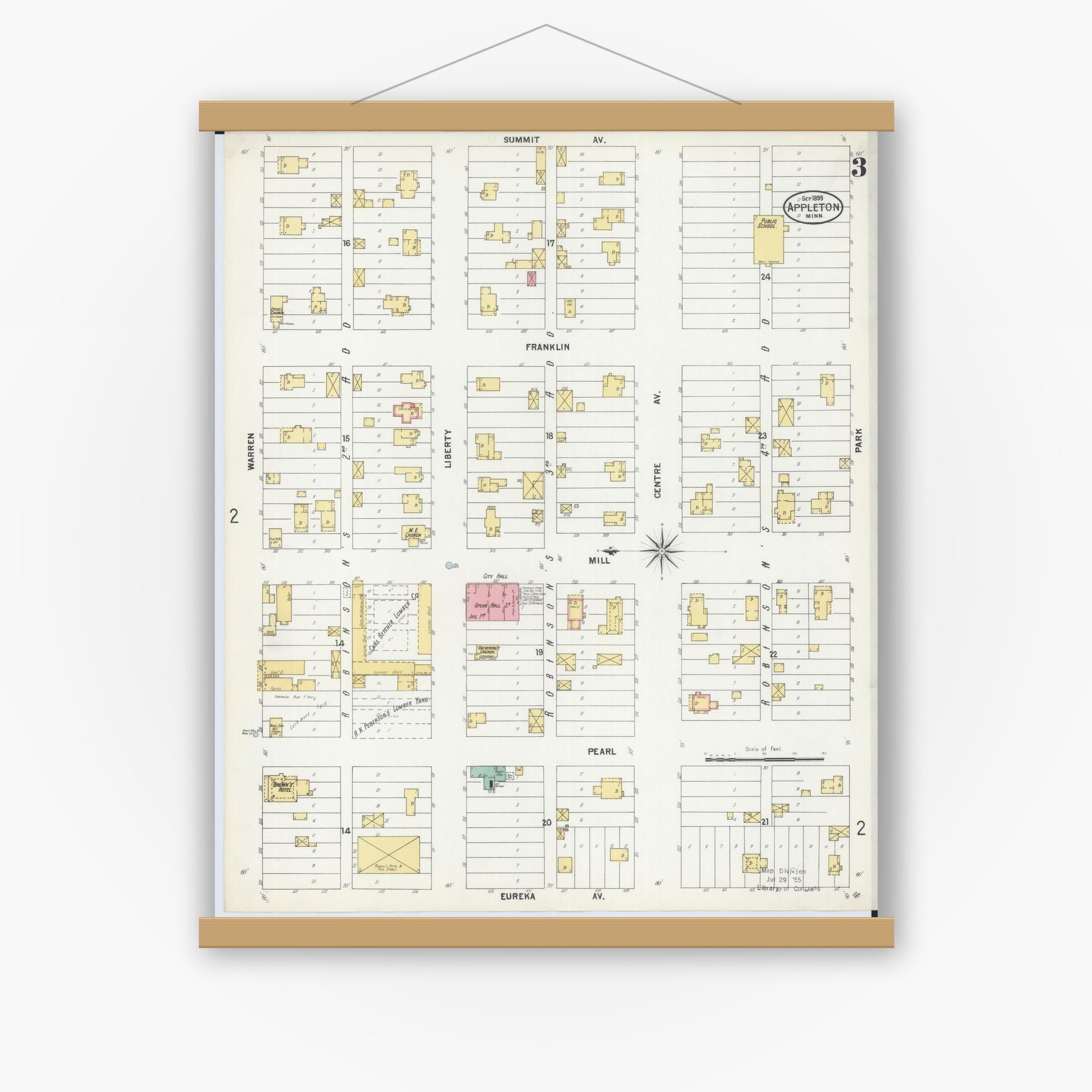 Old map wall art mockup — magnetic wood frame on white wall — Sanborn Fire Insurance Map from Appleton, Swift County, Minnesota (1899), Sheet #0003