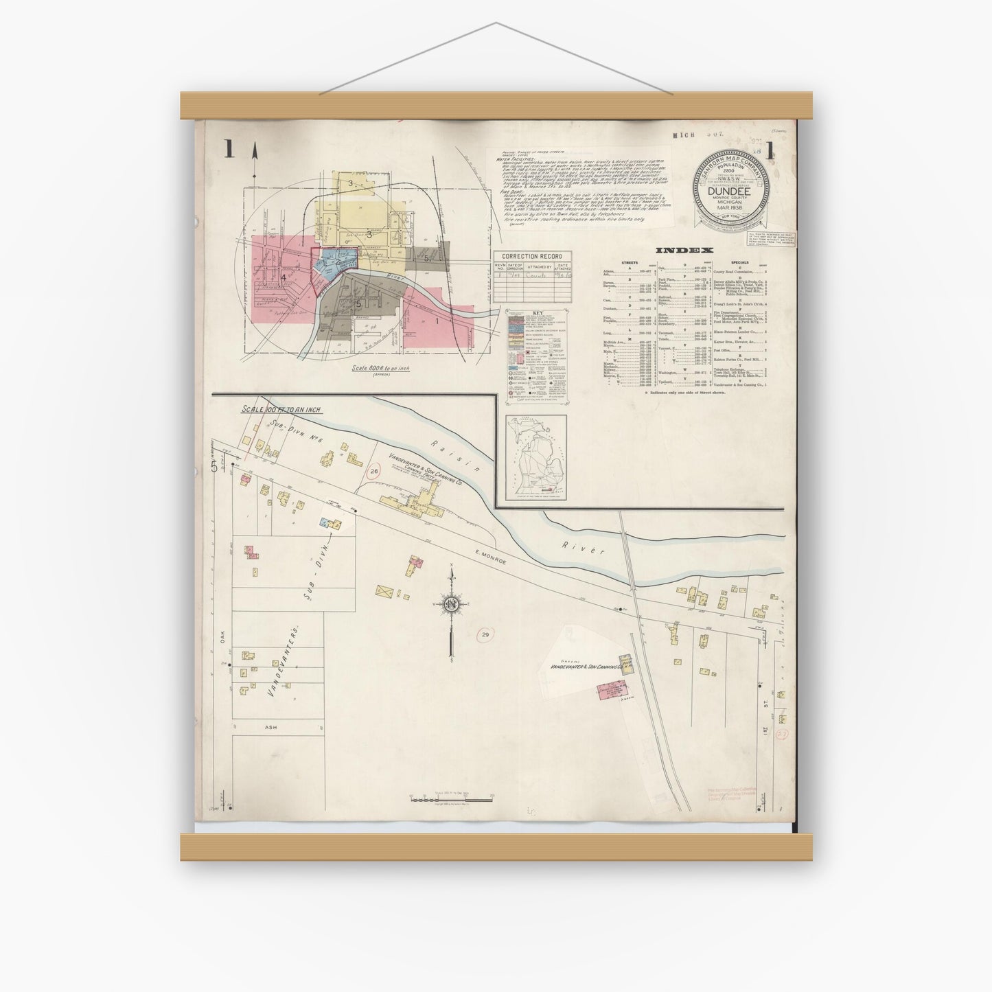 Old map wall art mockup — magnetic wood frame on white wall — Sanborn Fire Insurance Map from Dundee, Monroe County, Michigan (1949) - Complete Map Set