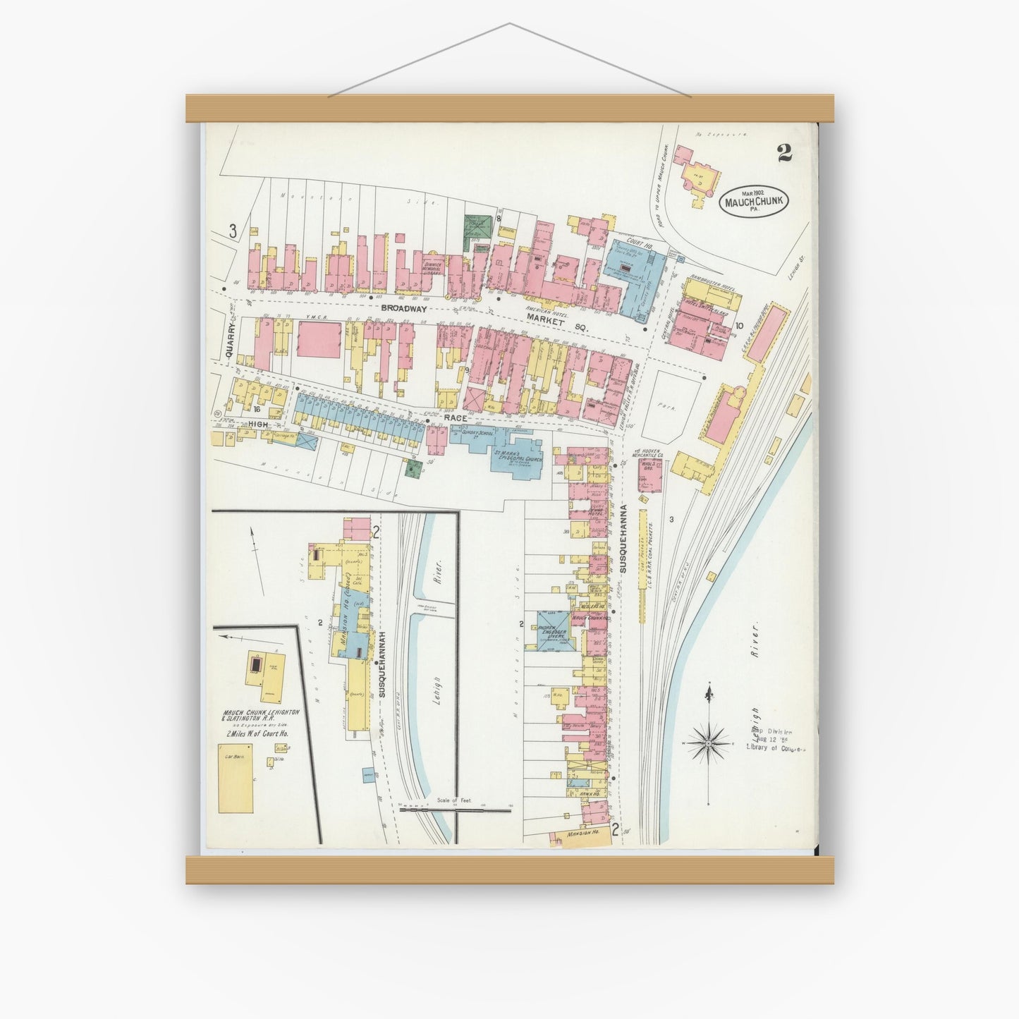 Old map wall art mockup — magnetic wood frame on white wall — Sanborn Fire Insurance Map from Mauch Chunk, Carbon County, Pennsylvania (1902), Sheet #0002