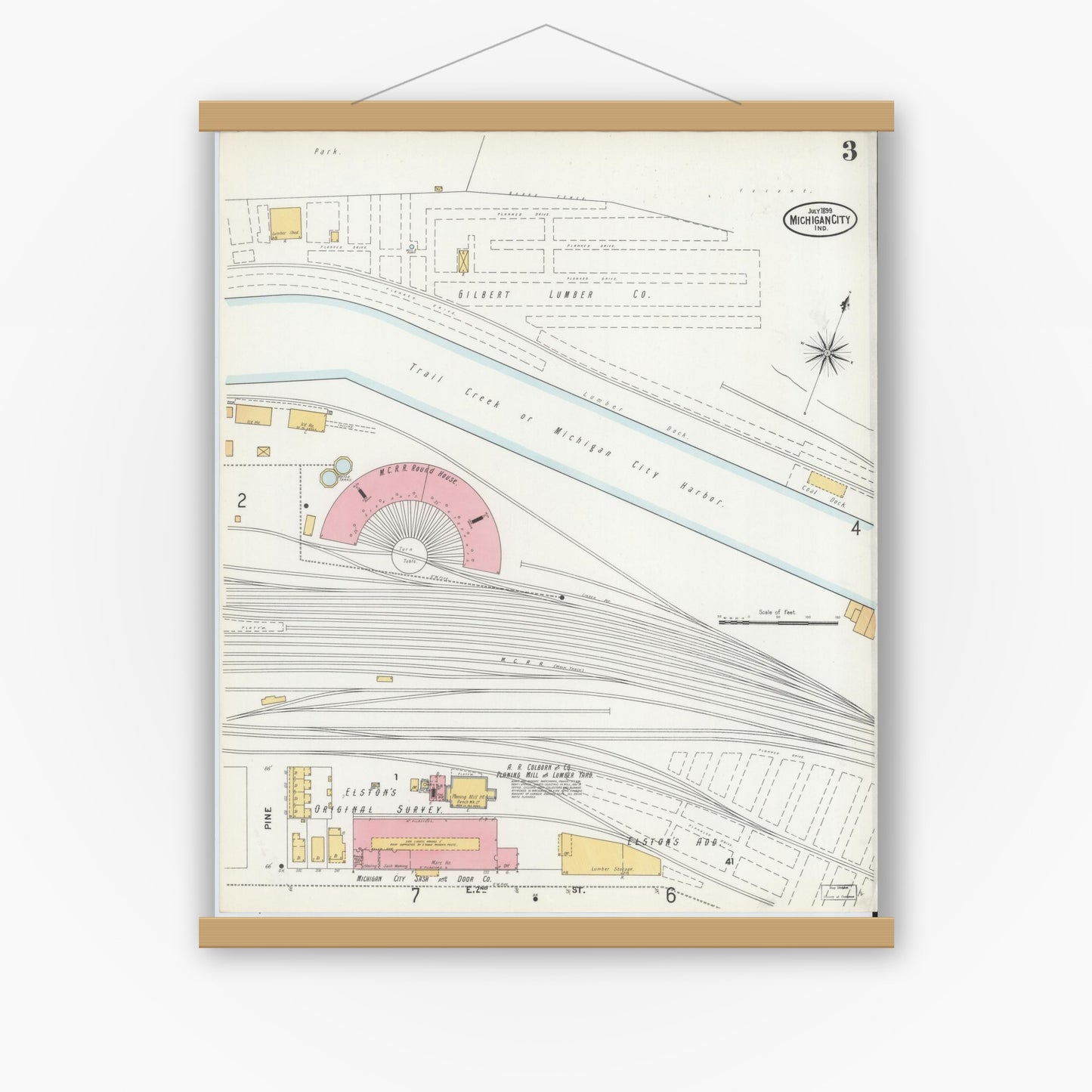 Old map wall art mockup — magnetic wood frame on white wall — Sanborn Fire Insurance Map from Michigan City, La Porte County, Indiana (1899), Sheet #0003