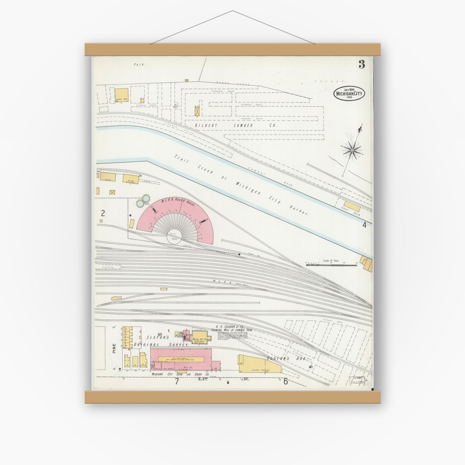 Old map wall art mockup — magnetic wood frame on white wall — Sanborn Fire Insurance Map from Michigan City, La Porte County, Indiana (1899), Sheet #0003