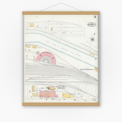 Old map wall art mockup — magnetic wood frame on white wall — Sanborn Fire Insurance Map from Michigan City, La Porte County, Indiana (1899), Sheet #0003