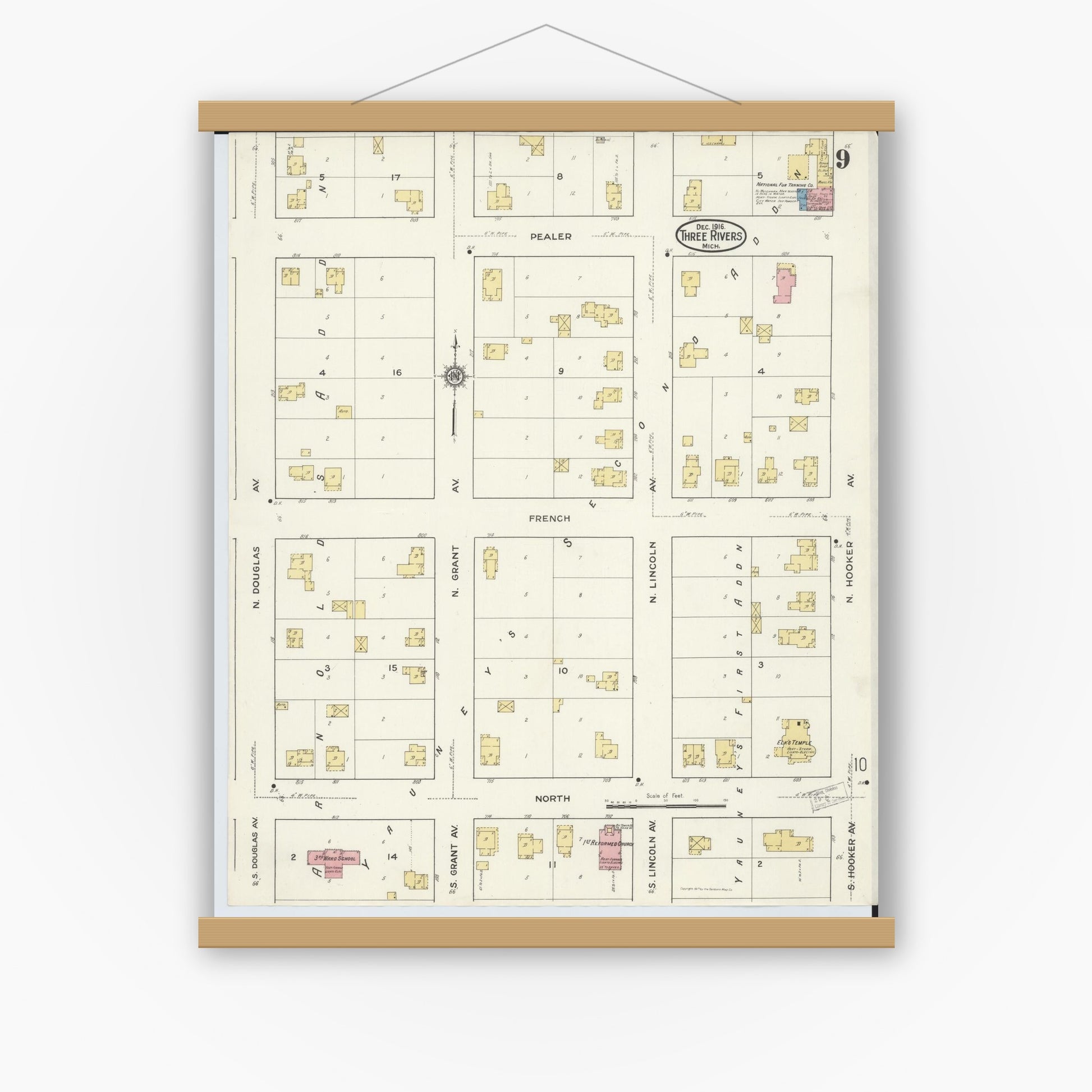 Old map wall art mockup — magnetic wood frame on white wall — Sanborn Fire Insurance Map from Three Rivers, Saint Joseph County, Michigan (1916), Sheet #0009