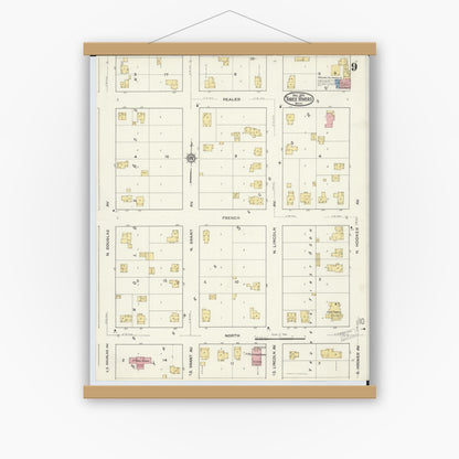 Old map wall art mockup — magnetic wood frame on white wall — Sanborn Fire Insurance Map from Three Rivers, Saint Joseph County, Michigan (1916), Sheet #0009