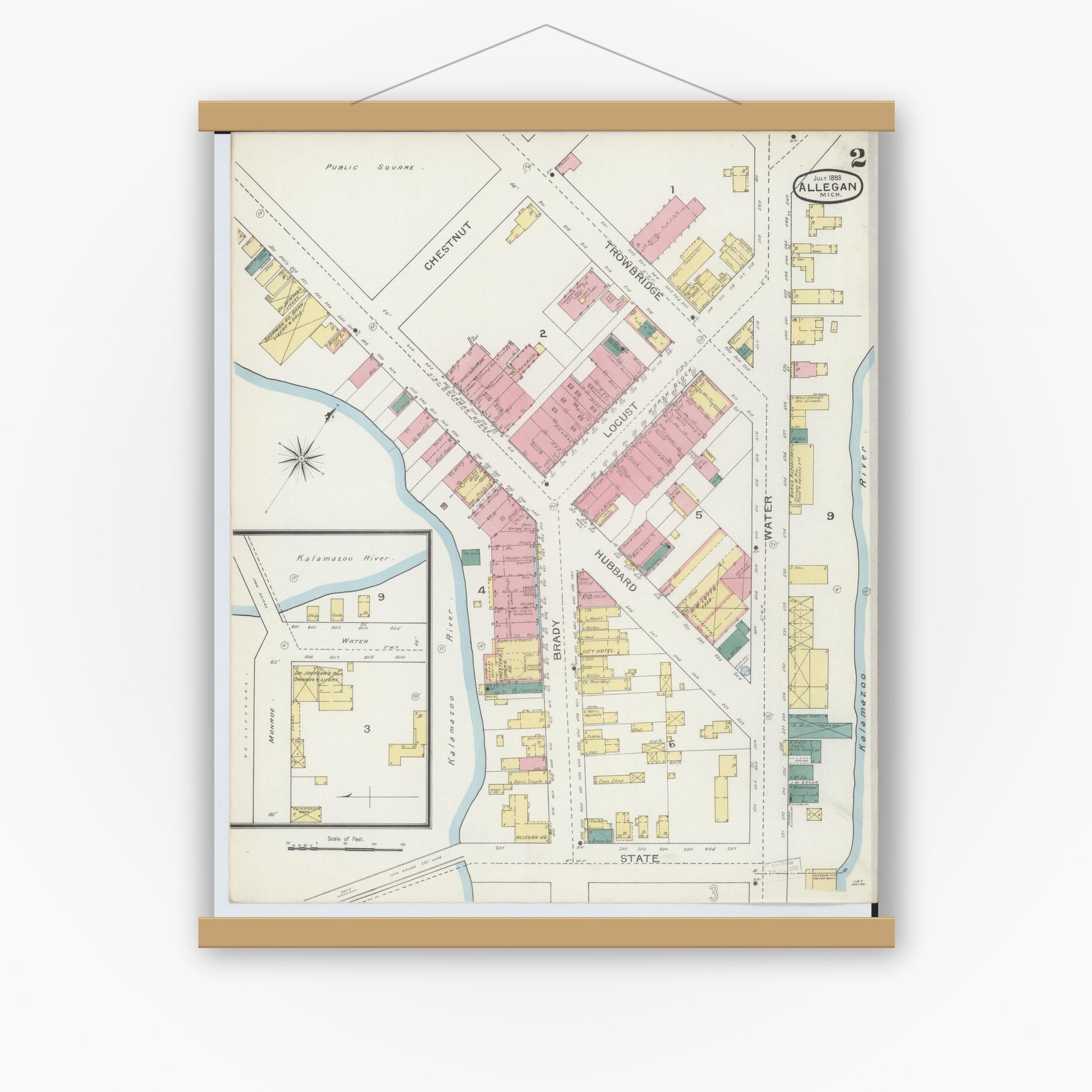 Old map wall art mockup — magnetic wood frame on white wall — Sanborn Fire Insurance Map from Allegan, Allegan County, Michigan (1893), Sheet #0002