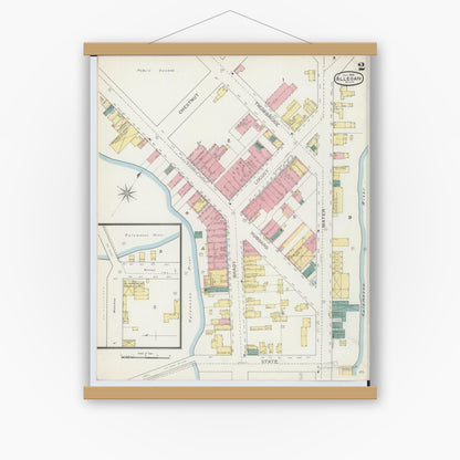 Old map wall art mockup — magnetic wood frame on white wall — Sanborn Fire Insurance Map from Allegan, Allegan County, Michigan (1893), Sheet #0002