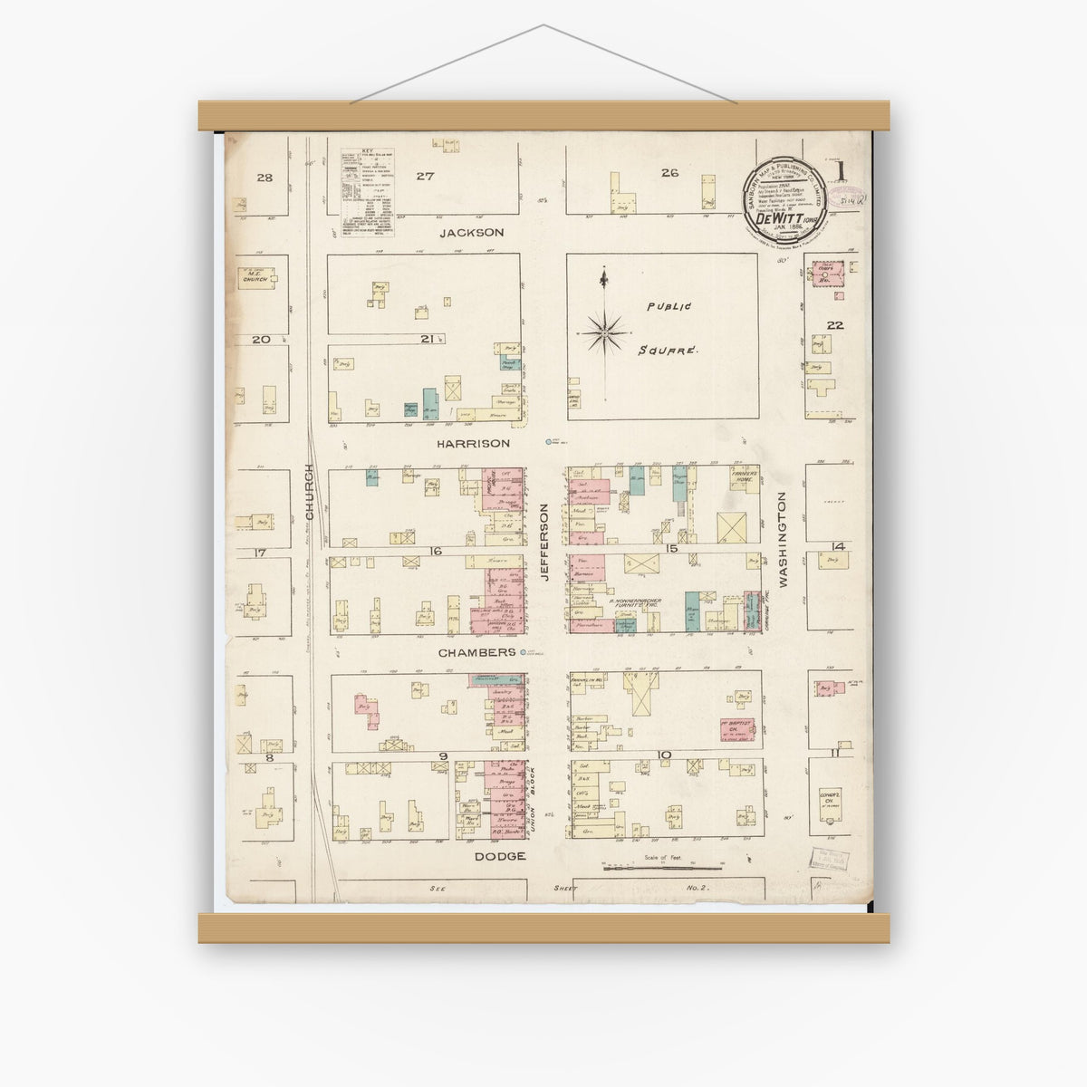 Old map wall art mockup — magnetic wood frame on white wall — Sanborn Fire Insurance Map from De Witt, Clinton County, Iowa (1886), Sheet #0001