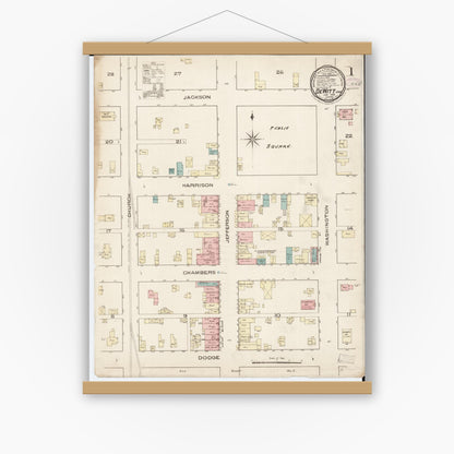 Old map wall art mockup — magnetic wood frame on white wall — Sanborn Fire Insurance Map from De Witt, Clinton County, Iowa (1886), Sheet #0001