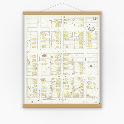 Old map wall art mockup — magnetic wood frame on white wall — Sanborn Fire Insurance Map from Columbus, Bartholomew County, Indiana (1912), Sheet #0012