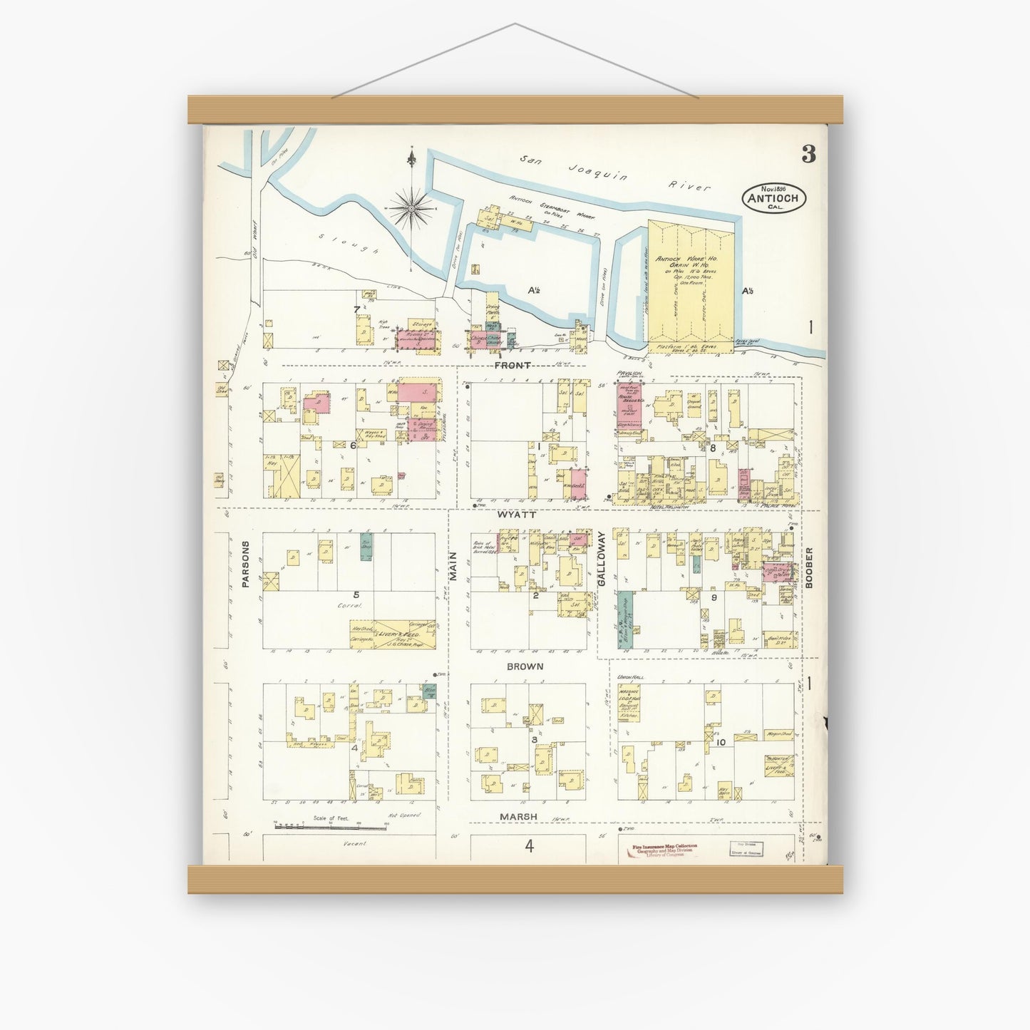 Old map wall art mockup — magnetic wood frame on white wall — Sanborn Fire Insurance Map from Antioch, Contra Costa County, California (1896), Sheet #0003