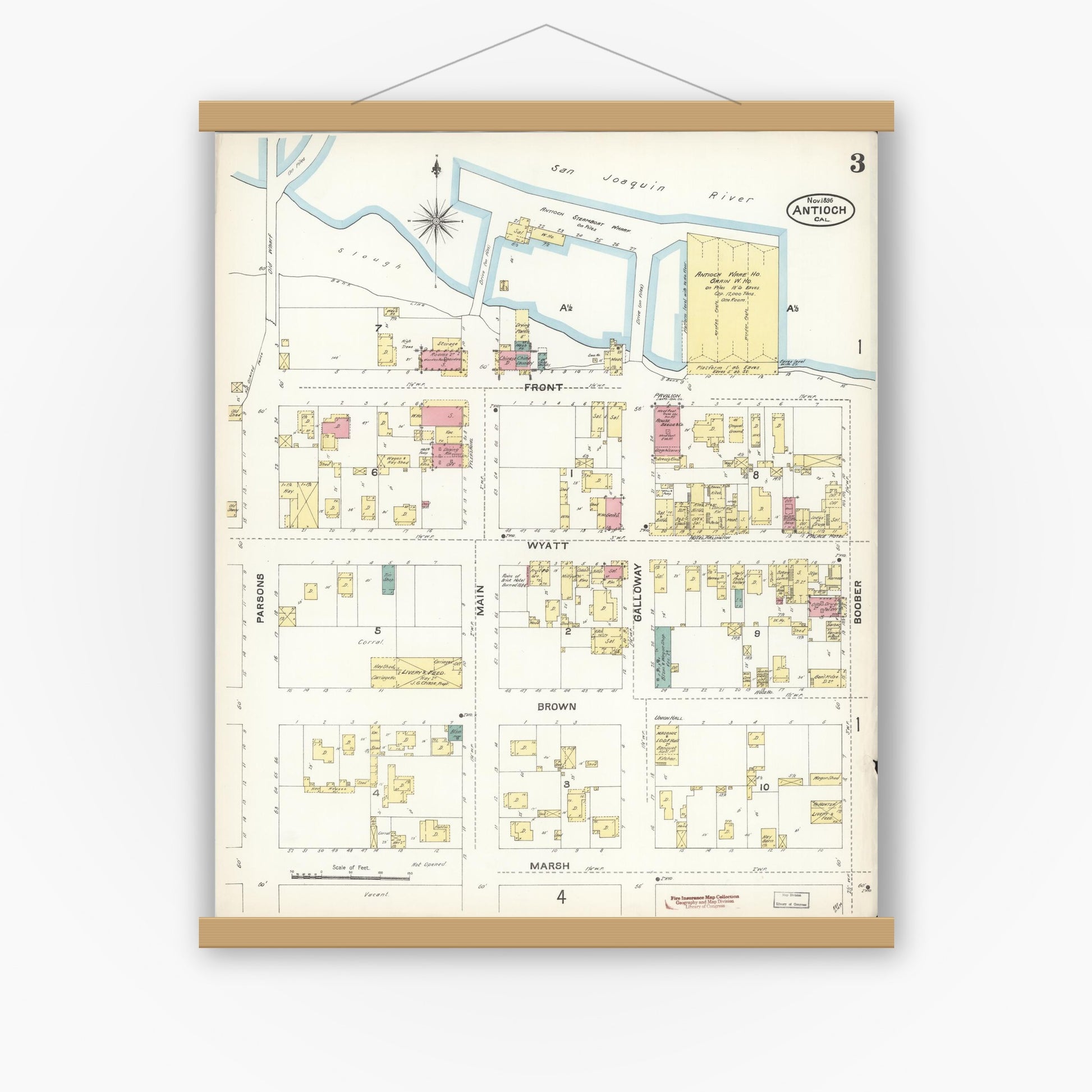 Old map wall art mockup — magnetic wood frame on white wall — Sanborn Fire Insurance Map from Antioch, Contra Costa County, California (1896), Sheet #0003