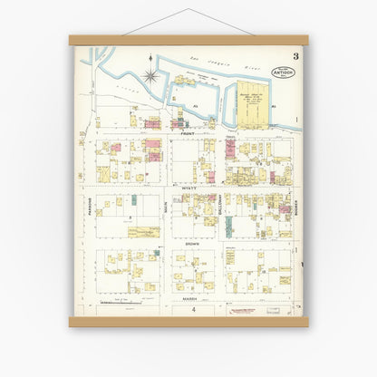 Old map wall art mockup — magnetic wood frame on white wall — Sanborn Fire Insurance Map from Antioch, Contra Costa County, California (1896), Sheet #0003
