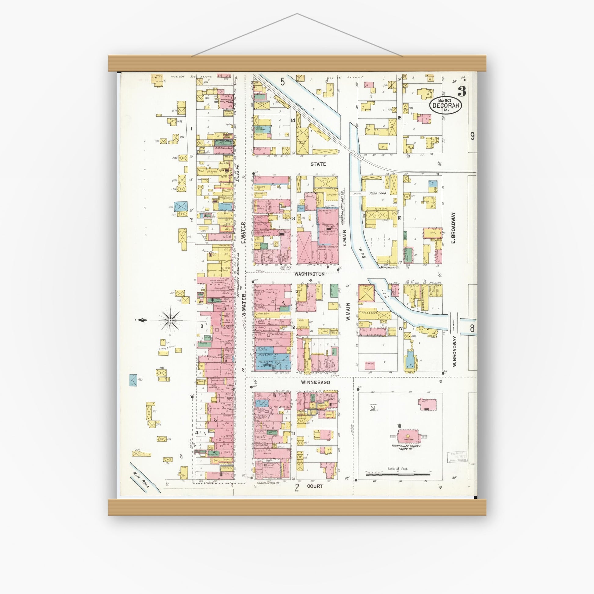 Old map wall art mockup — magnetic wood frame on white wall — Sanborn Fire Insurance Map from Decorah, Winneshiek County, Iowa (1902), Sheet #0003