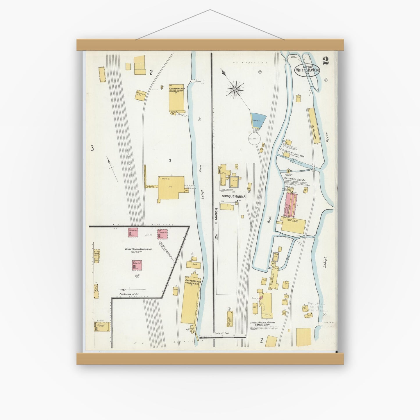Old map wall art mockup — magnetic wood frame on white wall — Sanborn Fire Insurance Map from White Haven, Luzerne County, Pennsylvania (1903), Sheet #0002