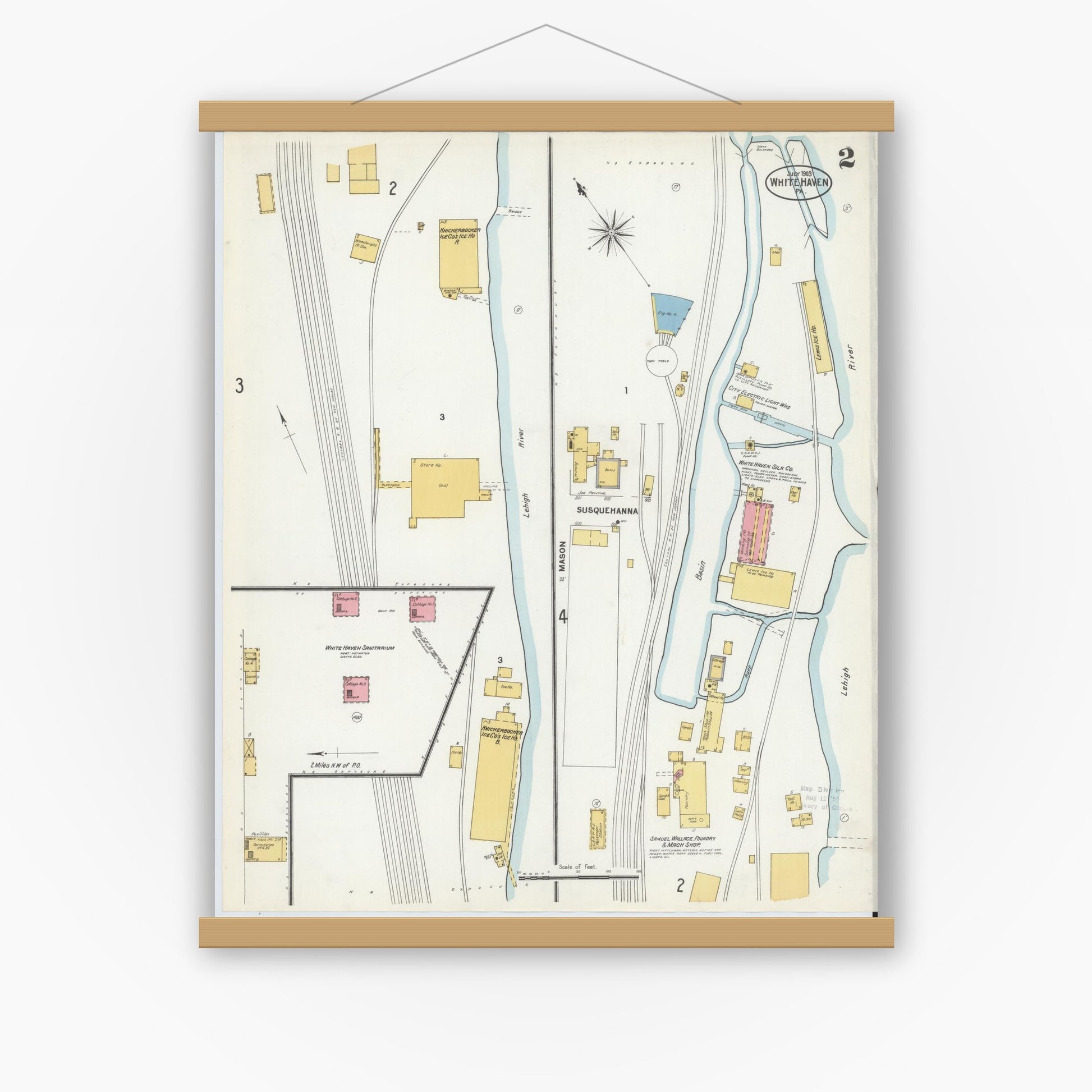 Old map wall art mockup — magnetic wood frame on white wall — Sanborn Fire Insurance Map from White Haven, Luzerne County, Pennsylvania (1903), Sheet #0002
