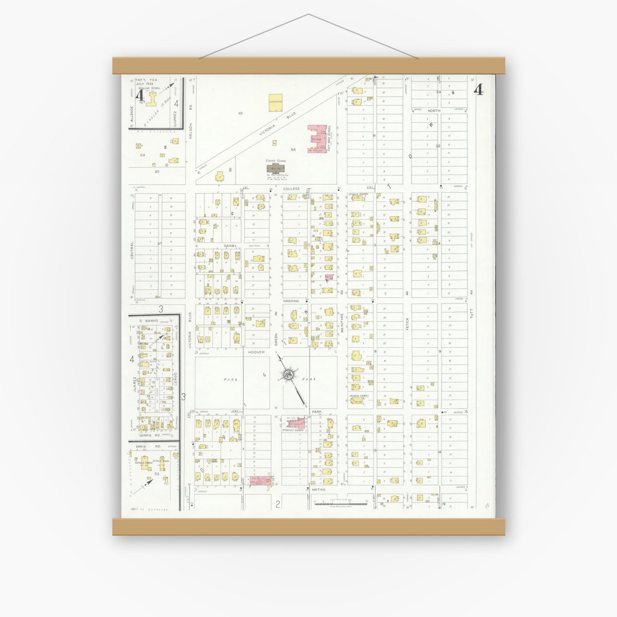 Old map wall art mockup — magnetic wood frame on white wall — Sanborn Fire Insurance Map from Taft, San Patricio County, Texas (1933), Sheet #0004
