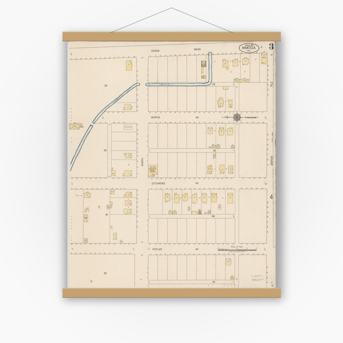 Old map wall art mockup — magnetic wood frame on white wall — Sanborn Fire Insurance Map from Manteca, San Joaquin County, California (1918), Sheet #0003