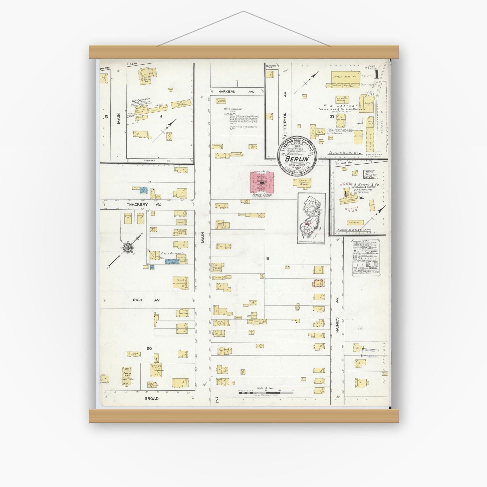 Old map wall art mockup — magnetic wood frame on white wall — Sanborn Fire Insurance Map from Berlin, Camden County, New Jersey (1917) - Complete Map Set