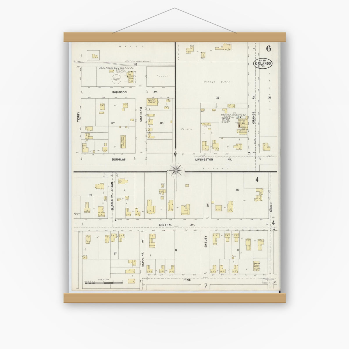 Old map wall art mockup — magnetic wood frame on white wall — Sanborn Fire Insurance Map from Orlando, Orange County, Florida (1897), Sheet #0006