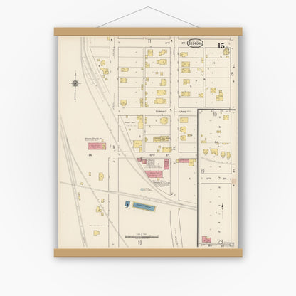 Old map wall art mockup — magnetic wood frame on white wall — Sanborn Fire Insurance Map from Bedford, Lawrence County, Indiana (1922), Sheet #0015