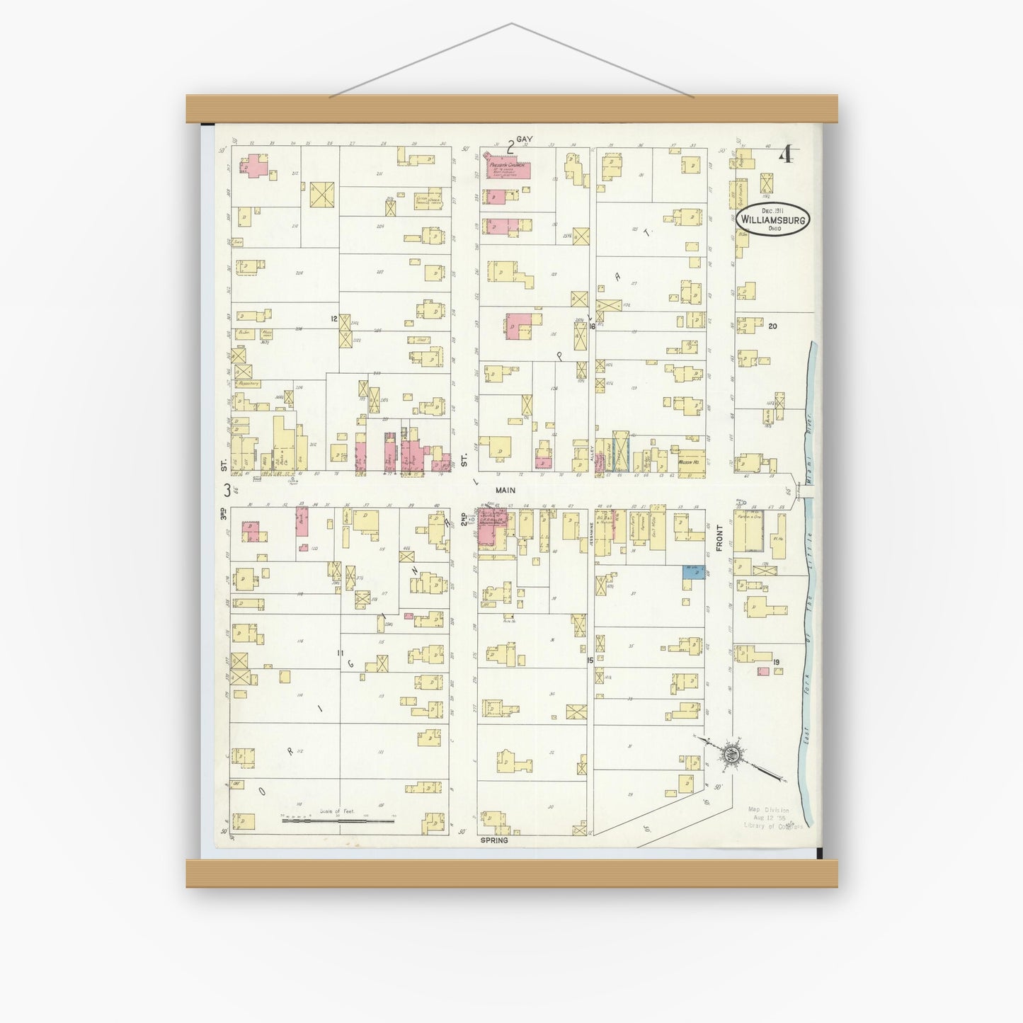 Old map wall art mockup — magnetic wood frame on white wall — Sanborn Fire Insurance Map from Williamsburg, Clermont County, Ohio (1911), Sheet #0004