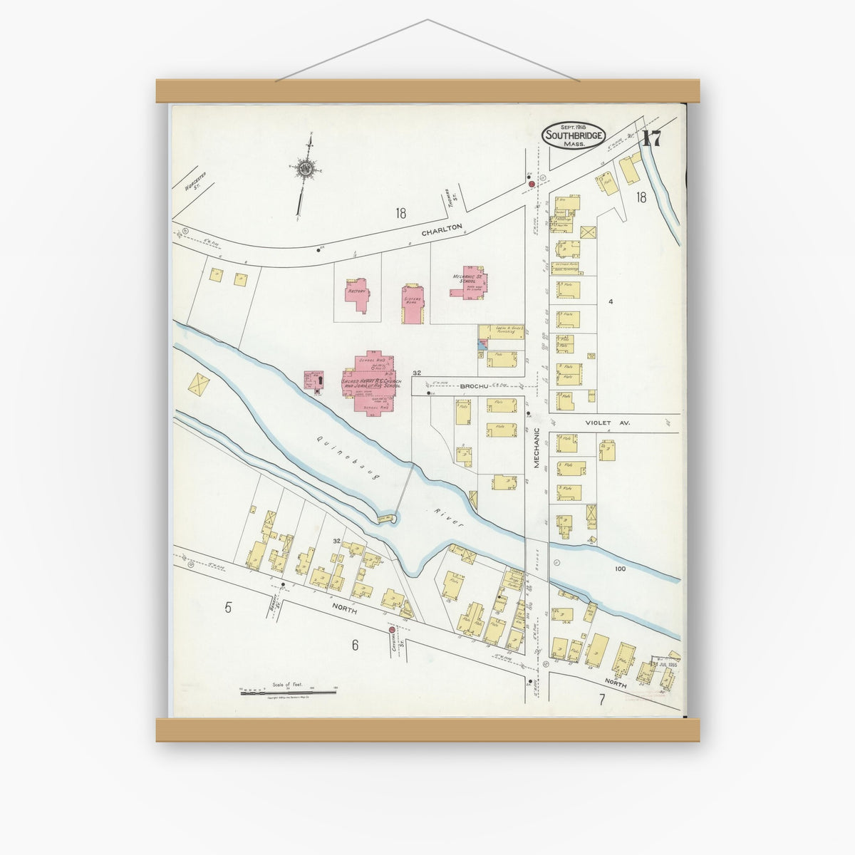 Old map wall art mockup — magnetic wood frame on white wall — Sanborn Fire Insurance Map from Southbridge, Worcester County, Massachusetts (1918), Sheet #0017