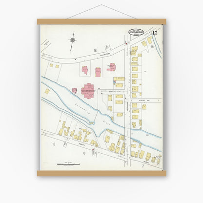 Old map wall art mockup — magnetic wood frame on white wall — Sanborn Fire Insurance Map from Southbridge, Worcester County, Massachusetts (1918), Sheet #0017