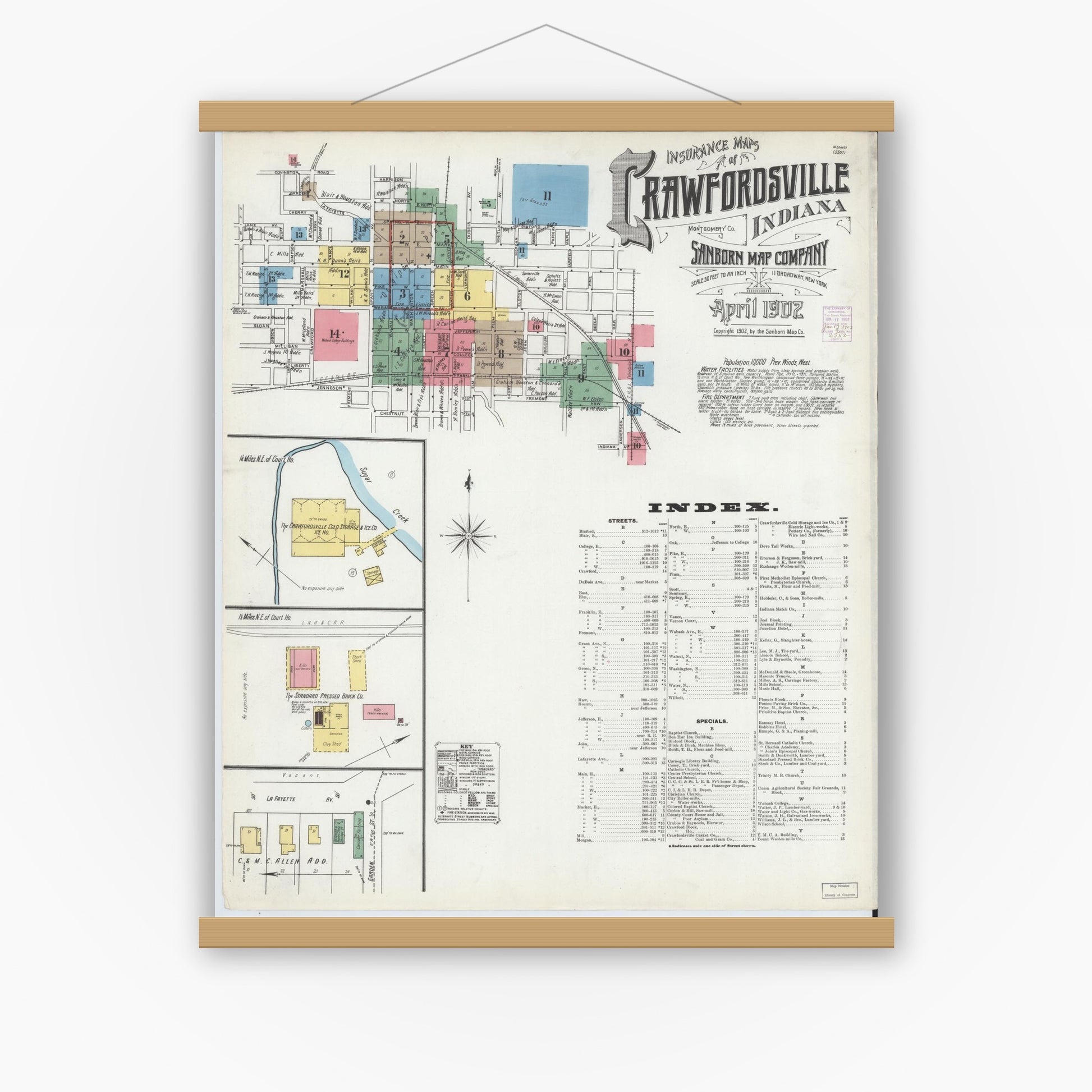 Old map wall art mockup — magnetic wood frame on white wall — Sanborn Fire Insurance Map from Crawfordsville, Montgomery County, Indiana (1902) - Complete Map Set