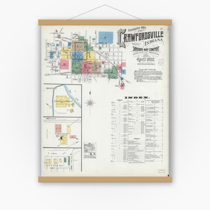 Old map wall art mockup — magnetic wood frame on white wall — Sanborn Fire Insurance Map from Crawfordsville, Montgomery County, Indiana (1902) - Complete Map Set