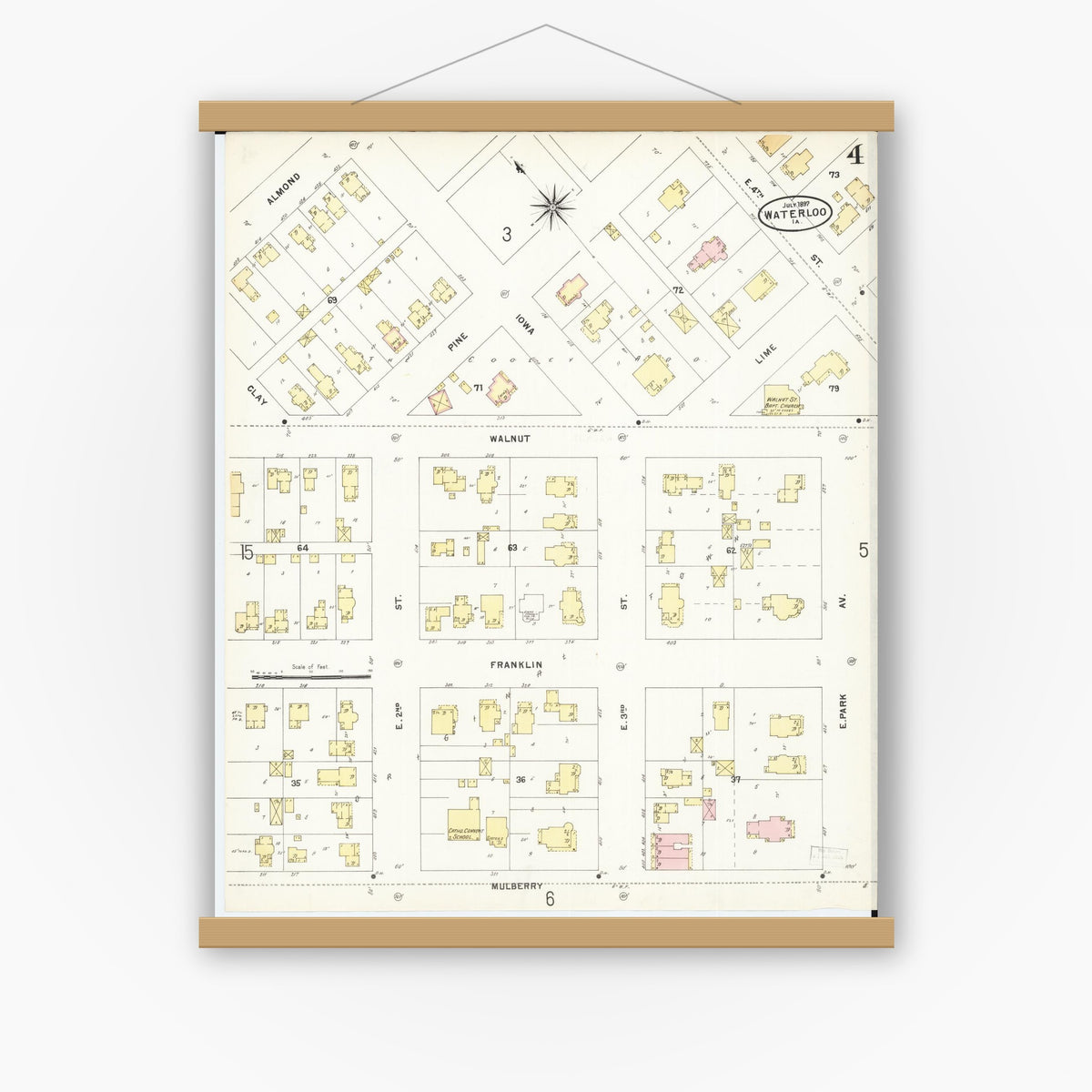 Old map wall art mockup — magnetic wood frame on white wall — Sanborn Fire Insurance Map from Waterloo, Black Hawk County, Iowa (1897), Sheet #0004