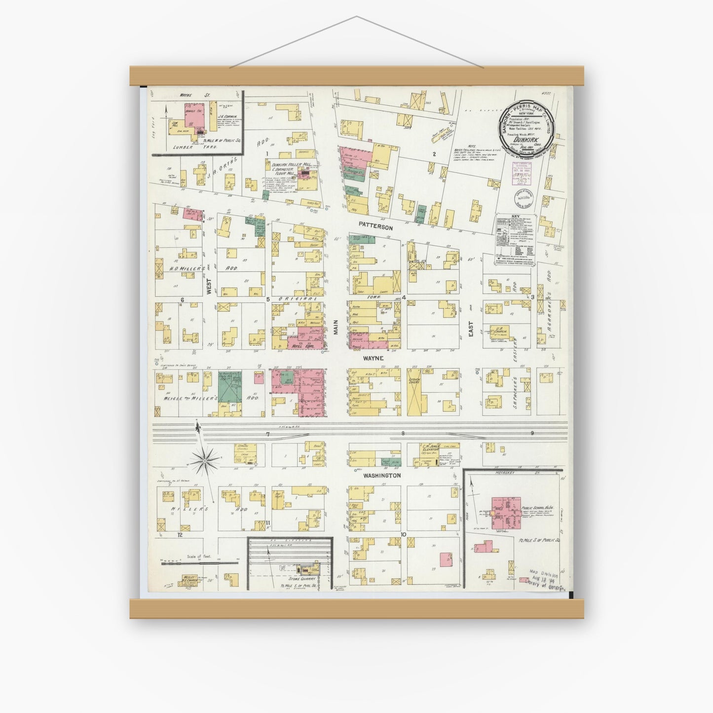 Old map wall art mockup — magnetic wood frame on white wall — Sanborn Fire Insurance Map from Dunkirk, Hardin County, Ohio (1901), Sheet #0001