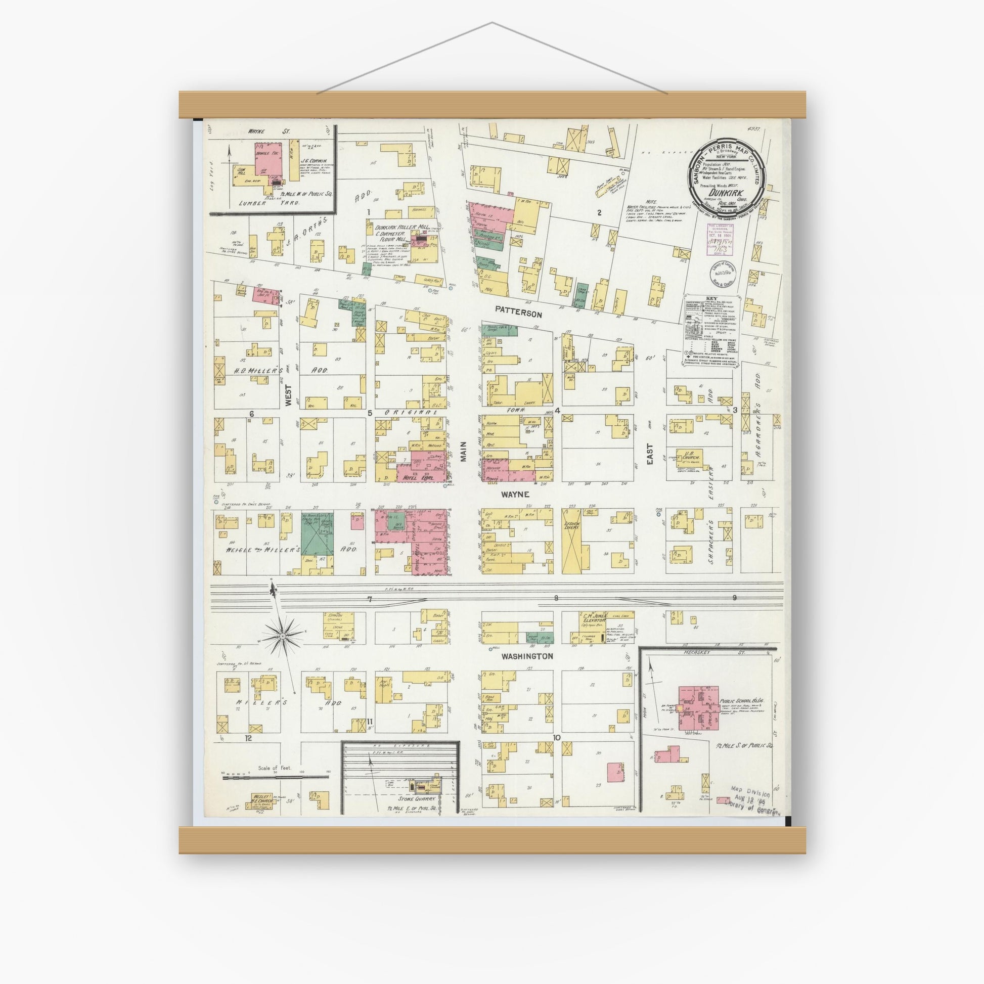 Old map wall art mockup — magnetic wood frame on white wall — Sanborn Fire Insurance Map from Dunkirk, Hardin County, Ohio (1901), Sheet #0001