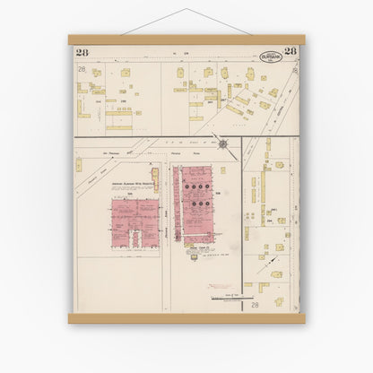 Old map wall art mockup — magnetic wood frame on white wall — Sanborn Fire Insurance Map from Burbank, Los Angeles County, California (1923), Sheet #0028