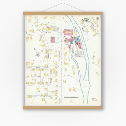 Old map wall art mockup — magnetic wood frame on white wall — Sanborn Fire Insurance Map from Adams, Berkshire County, Massachusetts (1908), Sheet #0016