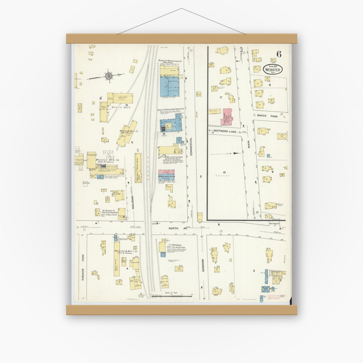Old map wall art mockup — magnetic wood frame on white wall — Sanborn Fire Insurance Map from Webster, Monroe County, New York (1912), Sheet #0006