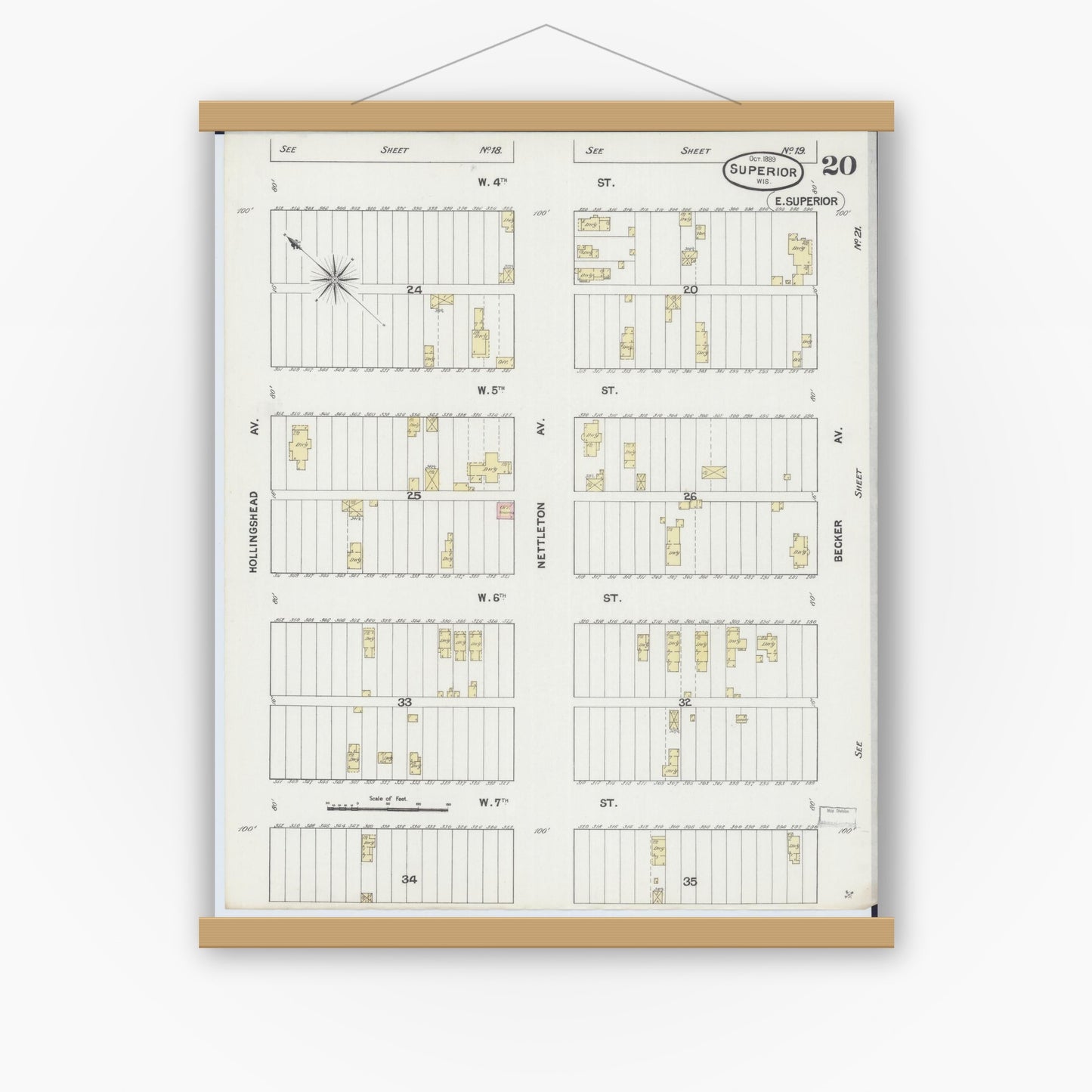 Old map wall art mockup — magnetic wood frame on white wall — Sanborn Fire Insurance Map from Superior, Douglas County, Wisconsin (1887), Sheet #0020