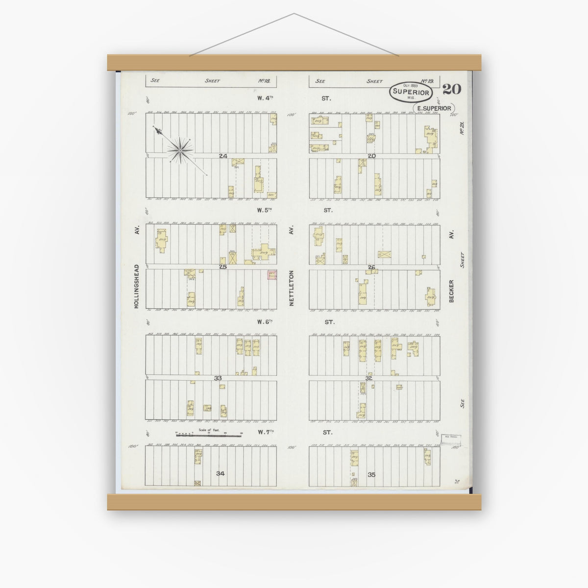 Old map wall art mockup — magnetic wood frame on white wall — Sanborn Fire Insurance Map from Superior, Douglas County, Wisconsin (1887), Sheet #0020