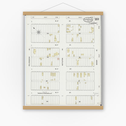 Old map wall art mockup — magnetic wood frame on white wall — Sanborn Fire Insurance Map from Superior, Douglas County, Wisconsin (1887), Sheet #0020