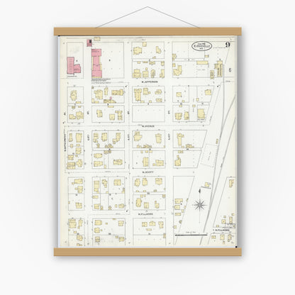 Old map wall art mockup — magnetic wood frame on white wall — Sanborn Fire Insurance Map from Kirksville, Adair County, Missouri (1906), Sheet #0009