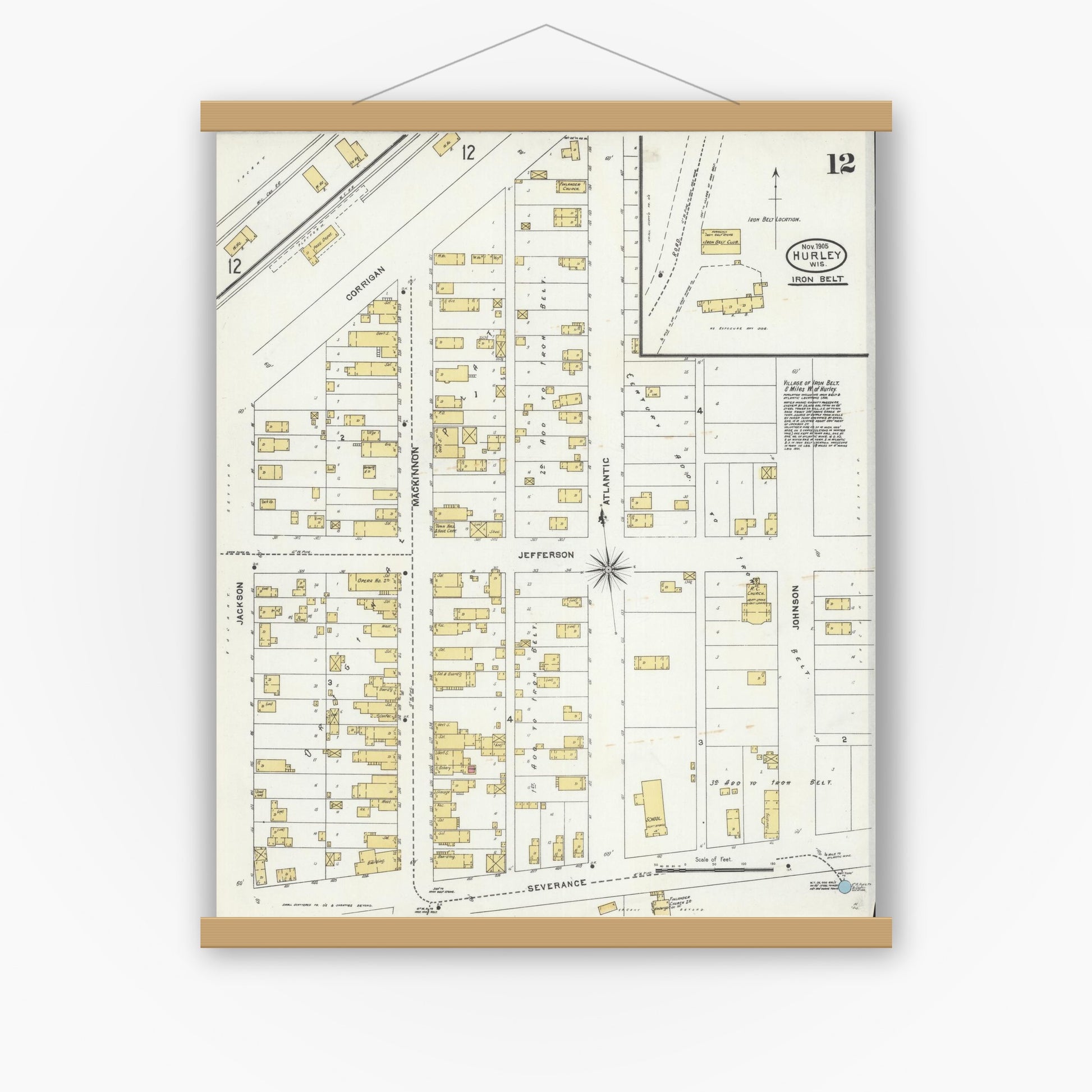 Old map wall art mockup — magnetic wood frame on white wall — Sanborn Fire Insurance Map from Hurley, Iron County, Wisconsin (1905), Sheet #0012