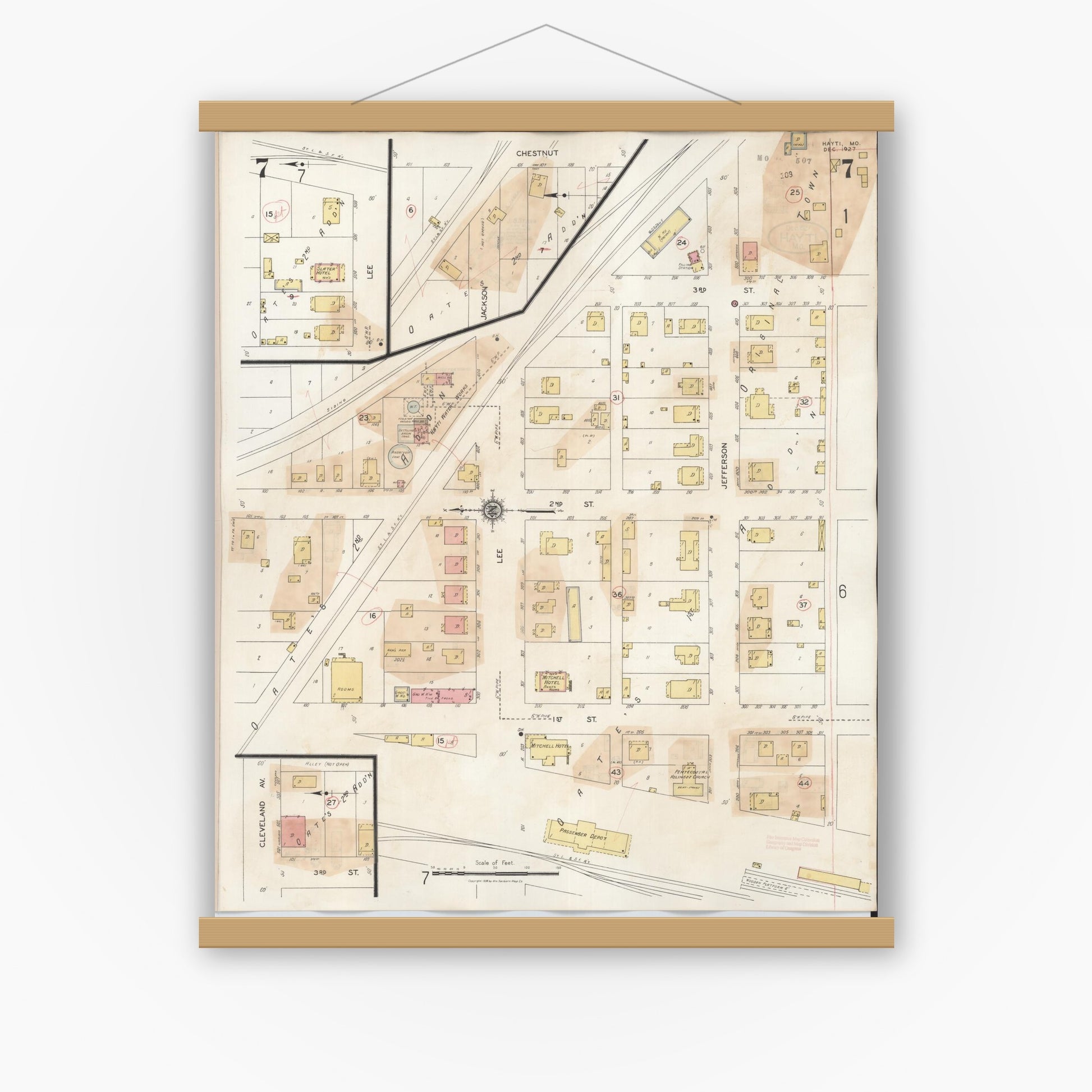Old map wall art mockup — magnetic wood frame on white wall — Sanborn Fire Insurance Map from Hayti, Pemiscot County, Missouri (1944), Sheet #0007