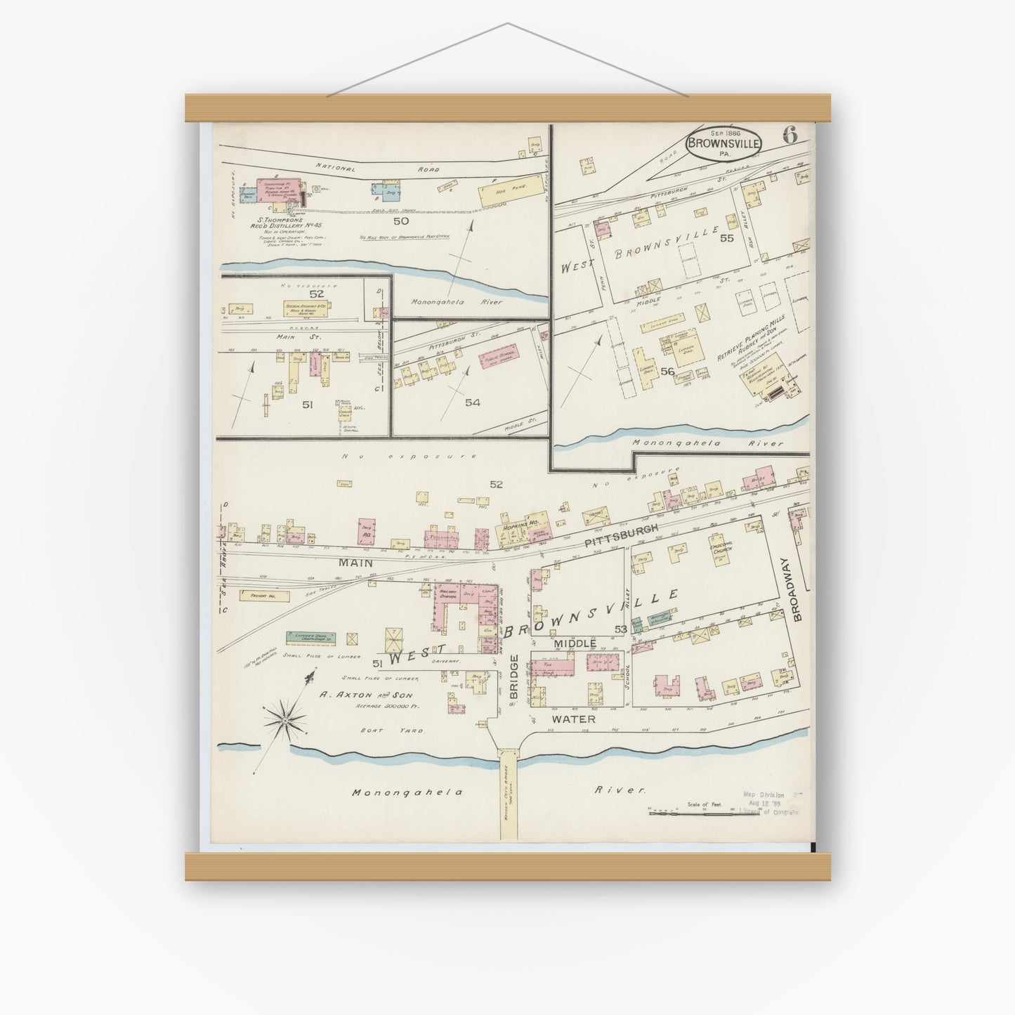 Old map wall art mockup — magnetic wood frame on white wall — Sanborn Fire Insurance Map from Brownsville, Fayette County, Pennsylvania (1886), Sheet #0006