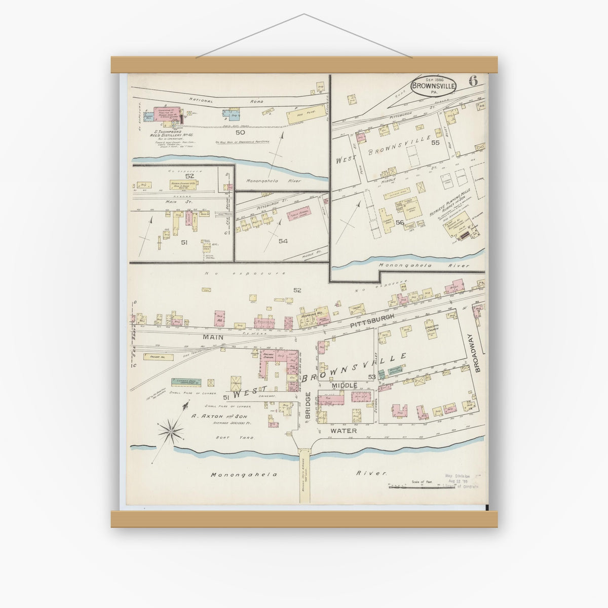 Old map wall art mockup — magnetic wood frame on white wall — Sanborn Fire Insurance Map from Brownsville, Fayette County, Pennsylvania (1886), Sheet #0006