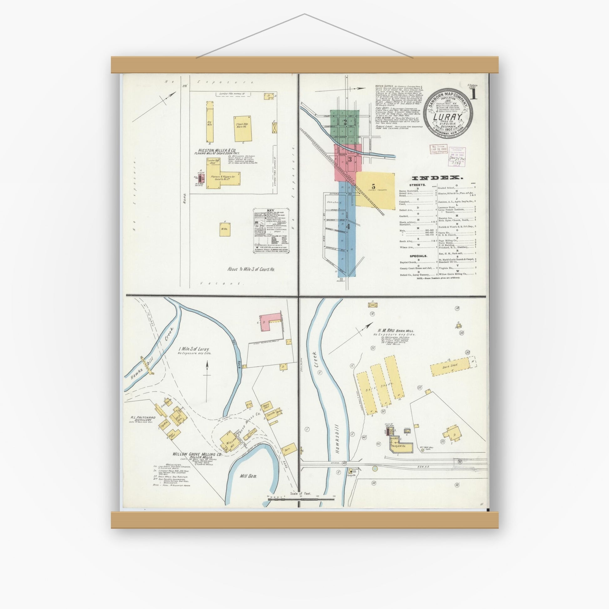 Old map wall art mockup — magnetic wood frame on white wall — Sanborn Fire Insurance Map from Luray, Page County, Virginia (1902) - Complete Map Set