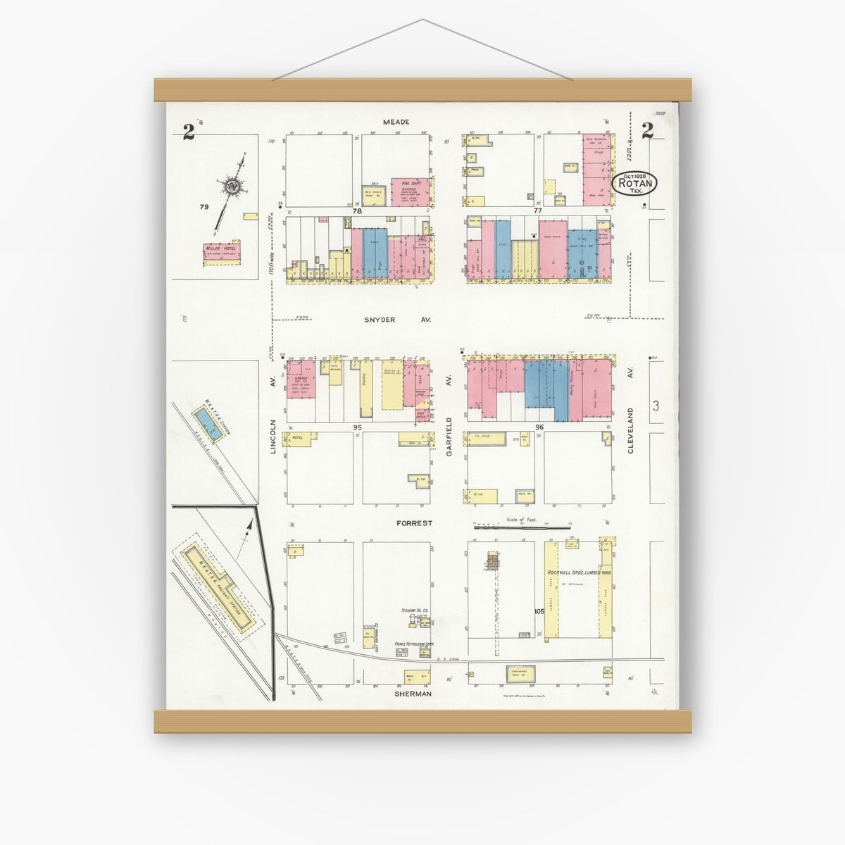 Old map wall art mockup — magnetic wood frame on white wall — Sanborn Fire Insurance Map from Rotan, Fisher County, Texas (1925), Sheet #0002