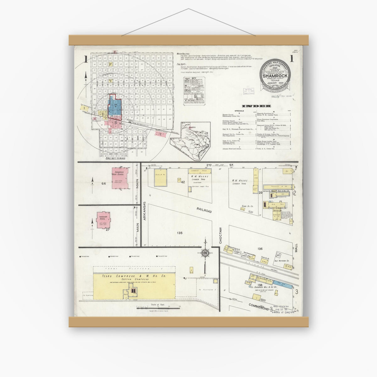 Old map wall art mockup — magnetic wood frame on white wall — Sanborn Fire Insurance Map from Shamrock, Wheeler County, Texas (1926) - Complete Map Set